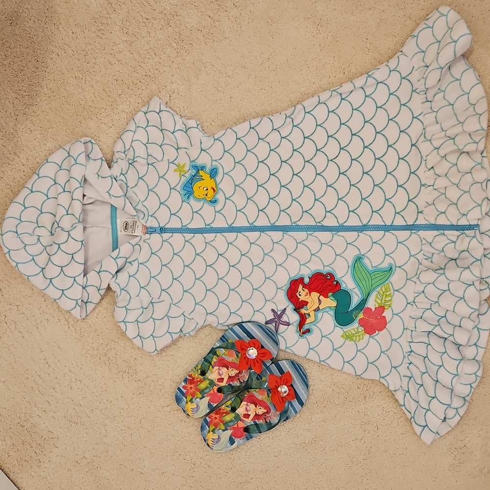 DISNEY'S Little Mermaid Beach Coverup Sz 5/6, Flip Flops Sz 11/12